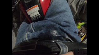 Twink Cums THROUGH Jeans and pisses while dreaming of riding motorcycle